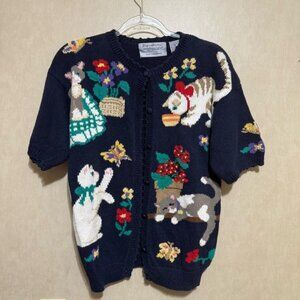 Vtg Northern Isles Kitten Cat Floral Butterfly Short Sleeve Cardigan Sweater